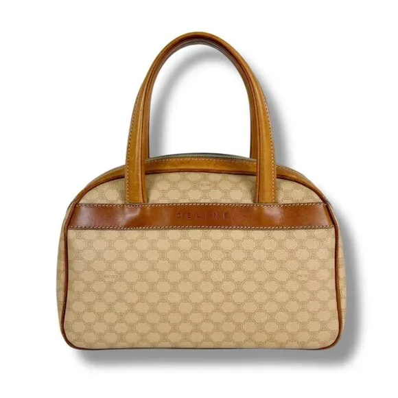 Celine Mini Boston Bag Top Handle Bag Macadam Pattern Beige Vintage - Picture 10 of 10